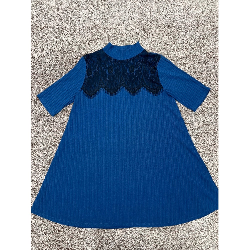 A. Byer Teal Blue Ribbed Mock Neck Lace Top Short Sleeve A-Line Size Medium